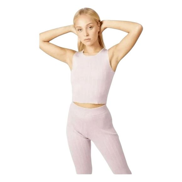 Silk & Salt Staycation 3 Piece Lounge Set Powder Pink Ribbed Knit Pants Top Card - Picture 3 of 10